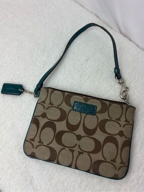 Coach Brown Signature Canvas Wristlet with Teal Trim